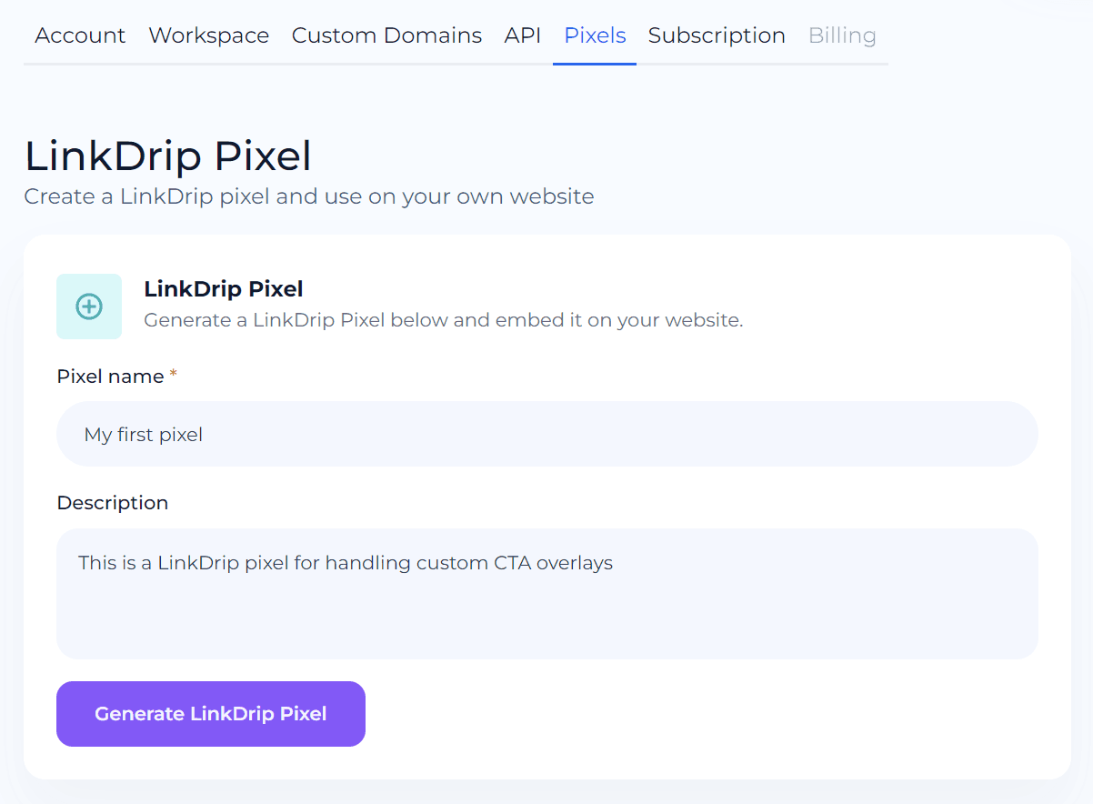 Creating a new LinkDrip pixel