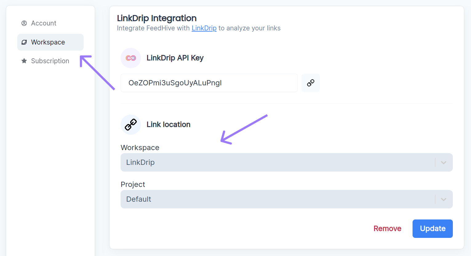 Configure LinkDrip to FeedHive workspaces